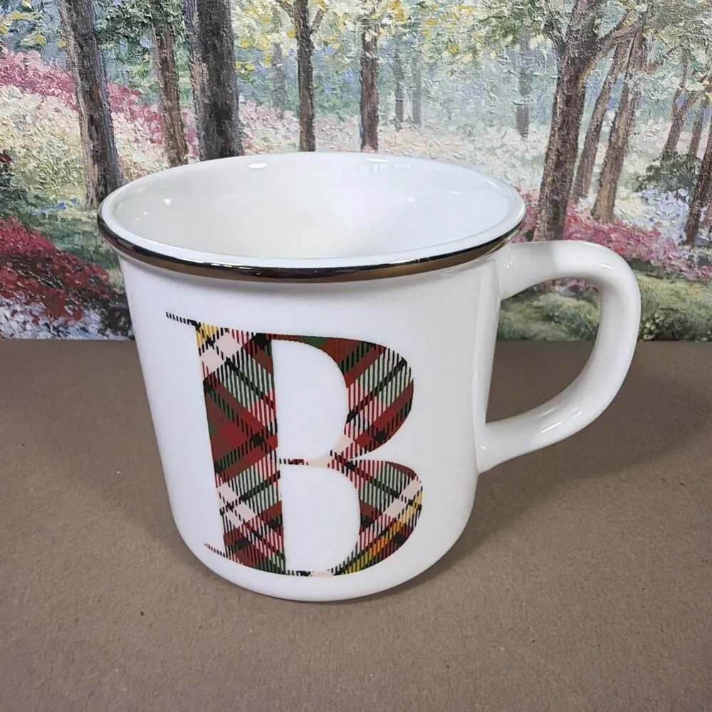 Pottery Barn Stewart Plaid Letter B Alphabet Stoneware Mug 14 oz.